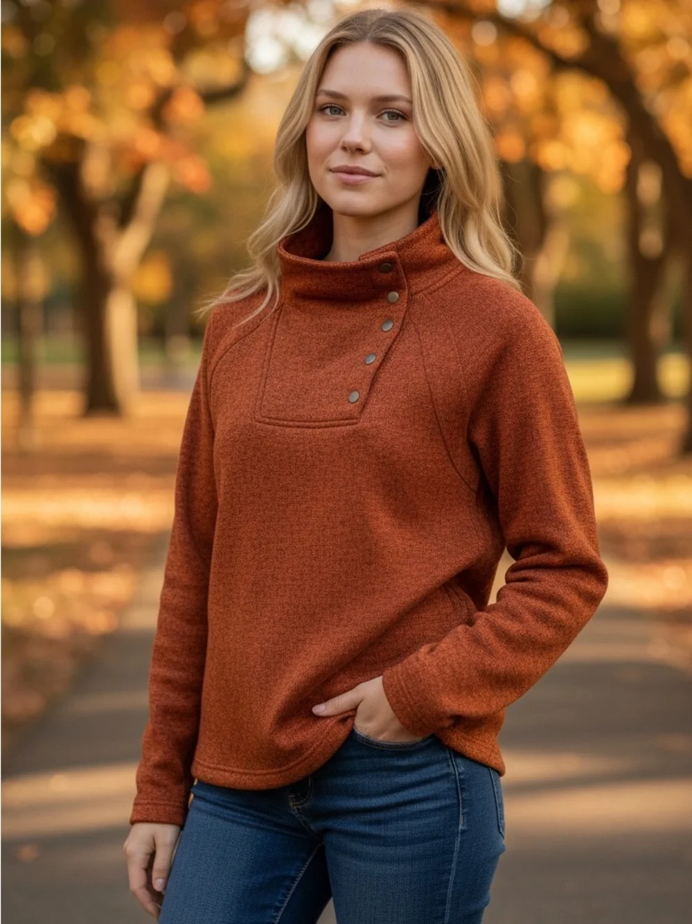 Eddie Bauer Women's Mock Neck Button-Shoulder Sweater in Rust